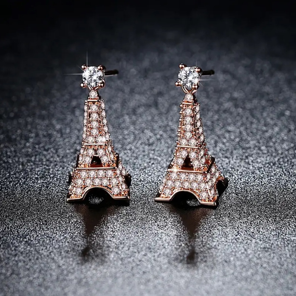 Rose Gold Eiffel Tower Earrings - Picture 3 of 6